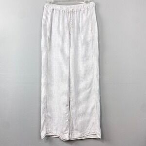 esby Linen Wide Leg Pants Size S Ivory Pinstriped Pockets Minimalist Coastal USA